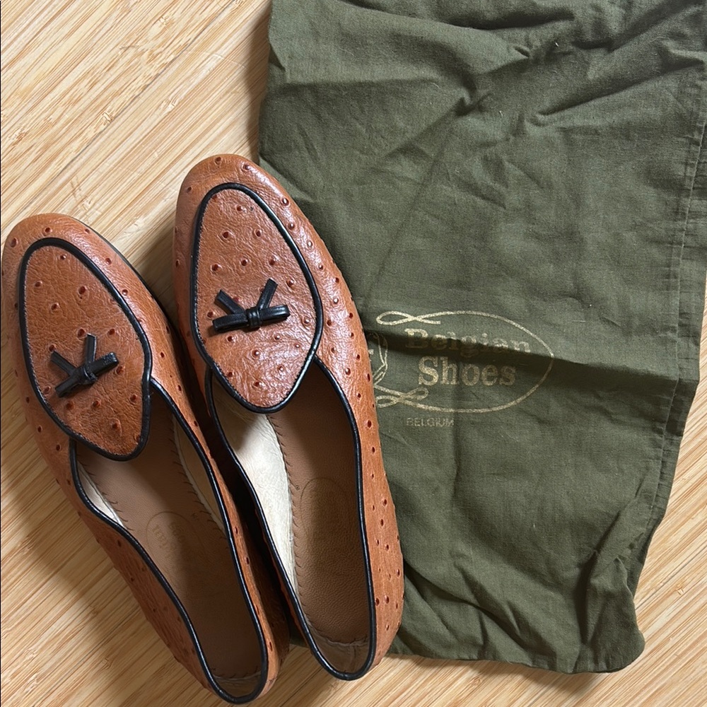 Brown and Black Ostrich Leather Belgian Loafers with Bow Detail